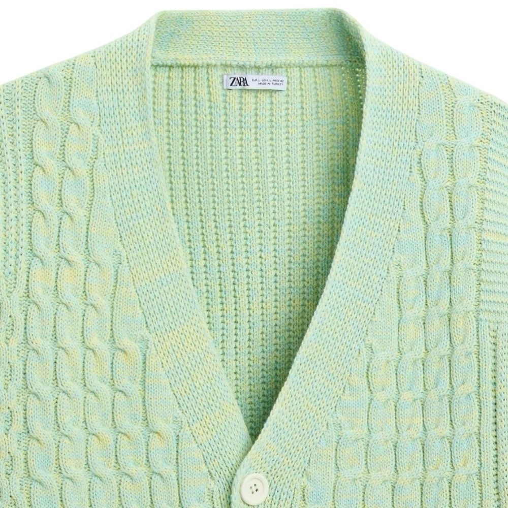 NWT ZARA Woven Cable Knit Sweater Cardigan in Blue/Green - Size L - Picture 4 of 12
